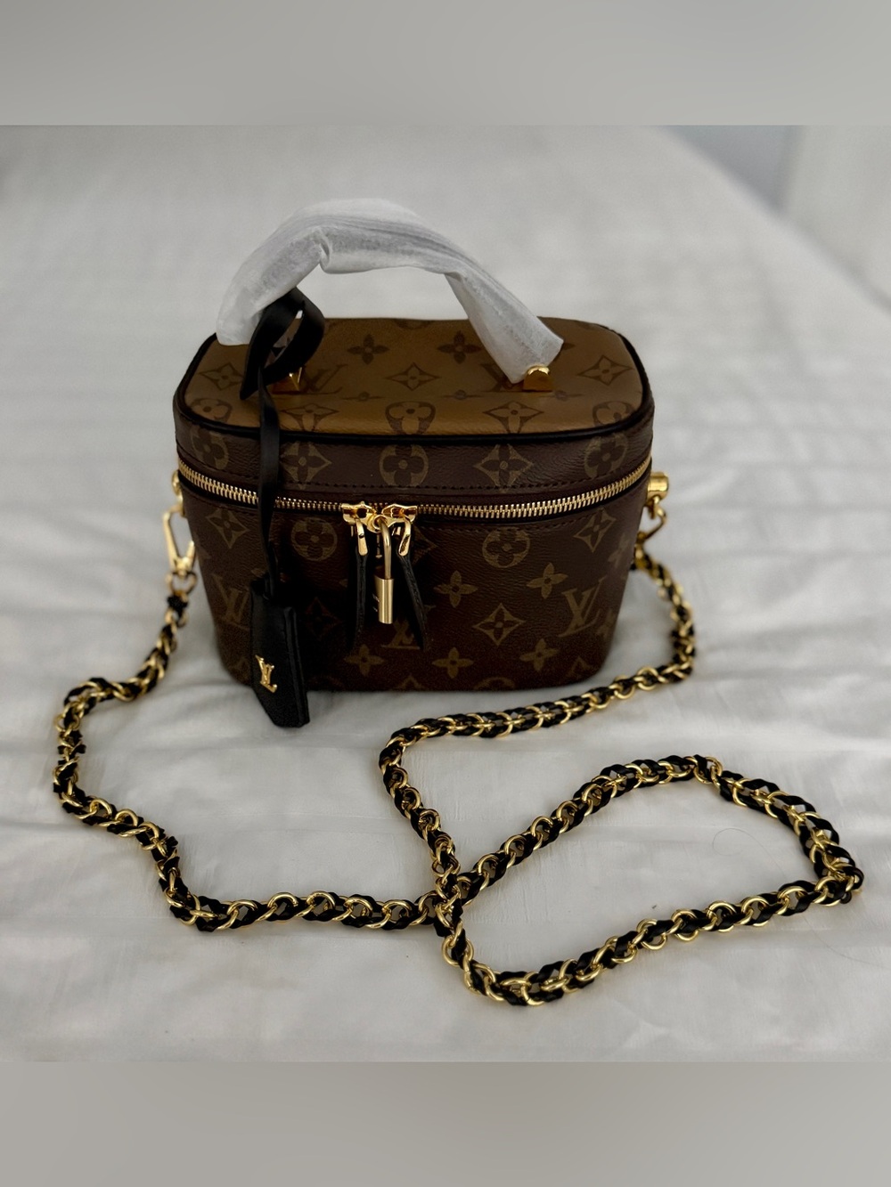 Louis Vuitton Brown Monogram Vanity PM Case Crossbody with Gold & Black Chain